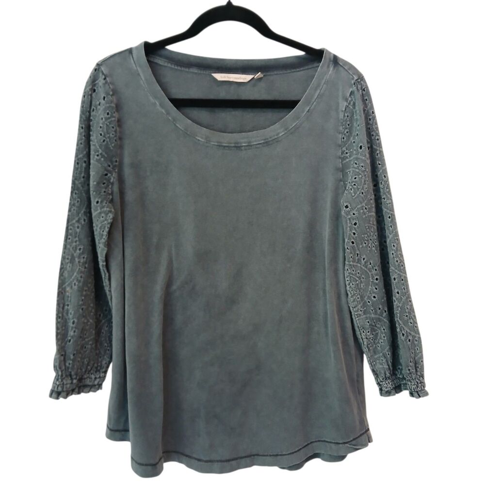 Soft Surroundings Eyelet Sleeve Top Women’s Medium Green 3/4 Sleeve Boho Casual